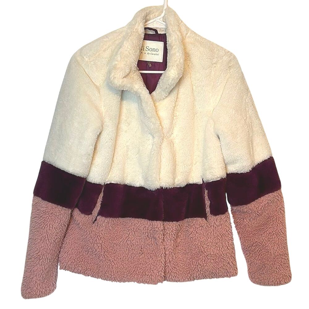 Ci Sono By Cavalini Faux Fur Colorblock Jacket Cream Plum Pink Women’s M